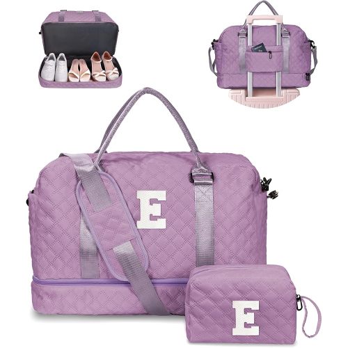 Duffle for Women with Shoe Compartment, Personalized Weekender with Shoulder Strap, Overnight Bag with Trolley Sleeve & Wet Pocket, Travel Bag with Makeup Bag (Letter E)