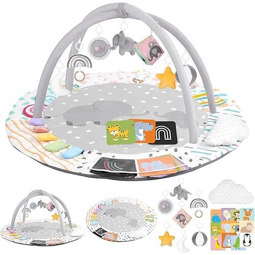 Baby Play Gym & Activity Mat, Tummy Time Mat with Cloud Toy, 7 Detachable Sensory Toys and Educational Cards for Motor Skills & Sensory Development, Baby Essentials Shower Gift, Grey Elephant