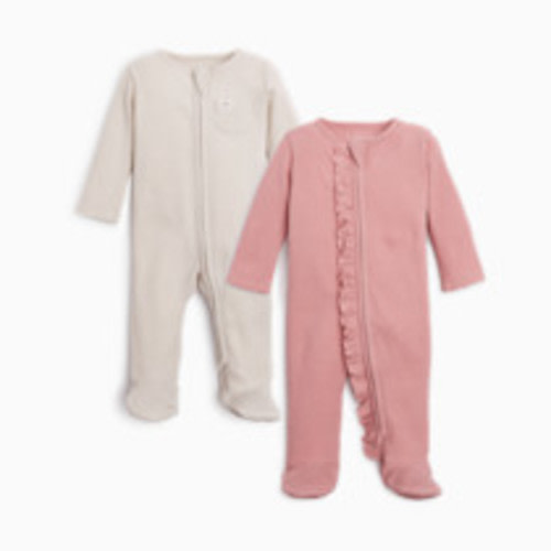 Tiny Kind Organic Waffle Ruffle Zipper Footie (2 Pack) - Rose/Oat, 0-3 M