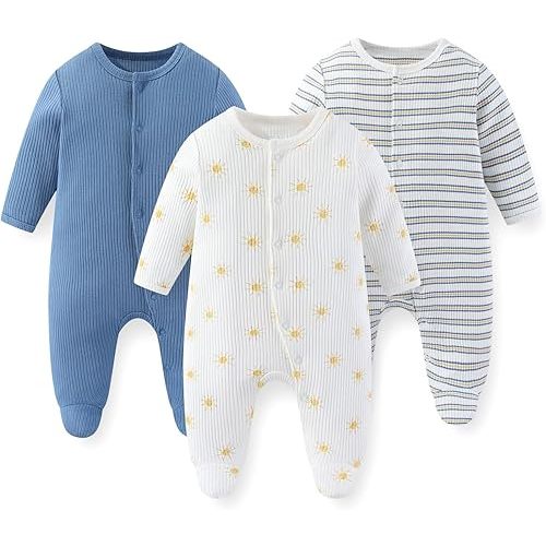 Unisex Baby Boy Girl Footies Rompers Cotton Long Sleeve 3 Pack Infant Jumpsuits 0-12Months Babies' Outfits
