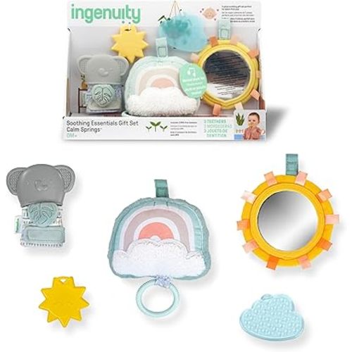 Ingenuity Calm Springs Soothing Essentials Gift Set - Musical Toy, Rattle, Mirror, 2 Teethers for Baby