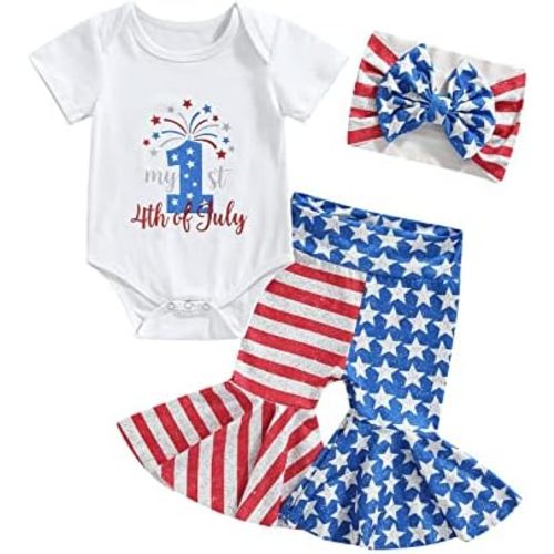 4th of July Baby Girl Outfits USA Ribbed Short Sleeve Romper Stars Bell Bottoms Newborn Fourth of July Clothes