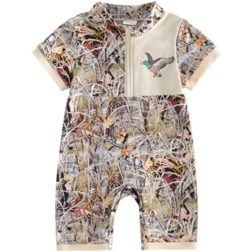 Newborn Baby Boy Hunting Clothes Duck Camo Short Sleeve Zip Up Romper Jumspuit One-Piece Bodysuit Summer Outfit