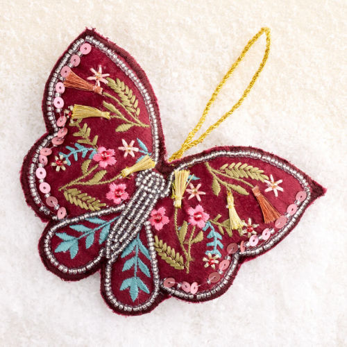 Burgundy Embroidered Fabric Butterfly Ornament