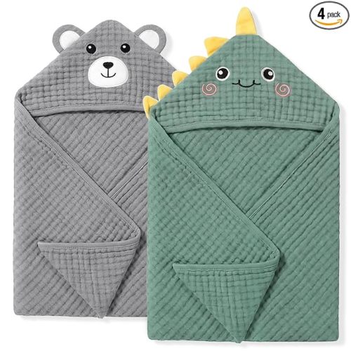 4 PCS Muslin Baby Bath Towels Set, 100% Cotton 2 PCS Animal Hooded Baby Towels 32x32 Inch & 2 PCS Washcloths, Ultra Absorbent & Soft Infant Newborn Essentials Gifts for Boys & Girls, Dinosaur & Bear