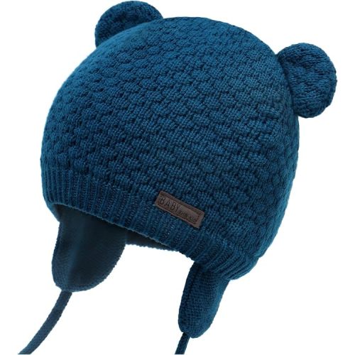 Baby Winter Hat, Bear Knit Earflaps Cotton Lined for Toddler Kids
