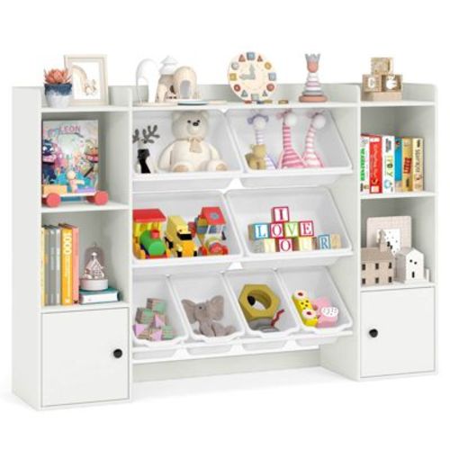 Costway Kids Toy Storage and Bookshelf with 8 Boxes Open Shelves & 2 Single-door Cabinets White