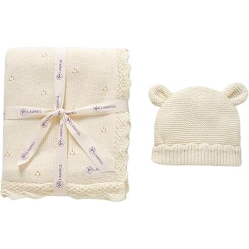 LAWKUL 100% Organic Cotton Baby Blanket and Beanie Hat Set, Off-White