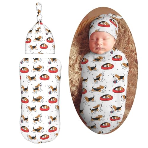 Cute Beagle Dog Newborn Swaddle Blankets Hat Sets Soft Baby Receiving Blanket Swaddle Sack for Baby Shower Infant Boy Girl Gift