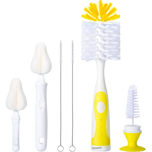 CAREBABYMORE Baby Bottle Brush Set with Nipple Cleaner and Suction, 10.2" Cleaning Brush and 6.5" Sponge Bottle Brush with A Replacement Brush Head and Two 6.7" Straw Brushes, Pack of 5 (Yellow)