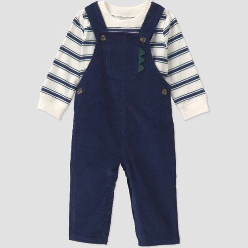 Carter's Just One You® Baby Boys' 2pc Striped Long Sleeve and Dino Corduroy Overalls Set - Navy Blue 9M
