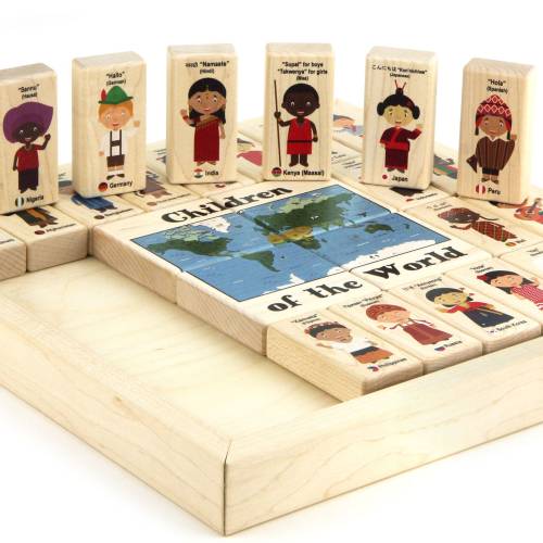 28 pc Children of the World Tray Building Blocks | Solid Maple Multicultural Learning Toy with Foreign Languages from Around the World