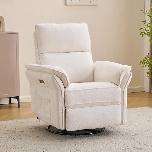 Power Nursery Recliner with Auto Rocking,Oversized Swivel Rocker Recliner with Massage and Heat,Glider Recliner Nursery Chair with Adjustable Headrest for Living Room and Bedroom,White