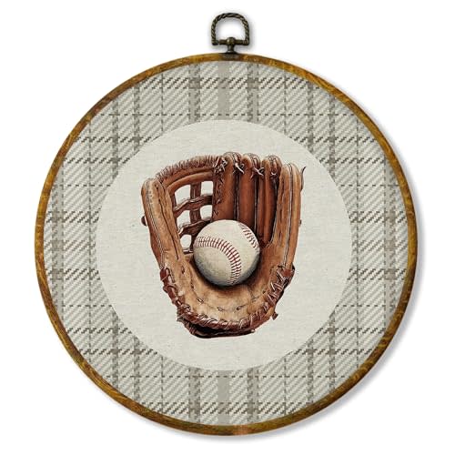 Hiuwevt Vintage Baseball Nursery Round Wall Art Decor, Sports Framed Canvas Prints, Neutral Gingham Baseball Round Wall Hanging Decor for Kids Boy Nursery Room Bedroom Decorations, 10x10 Inches