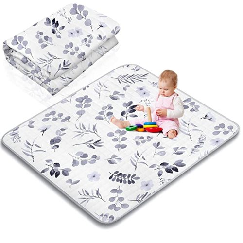 Funtery 43 x 43 Inch Boho Baby Play Mat Portable Crawling Washable Foldable Tummy Time Non Slip Baby Floor Large Playpen Mat for Infants Toddlers Floor Playpen Activity(Watercolor Leaf)