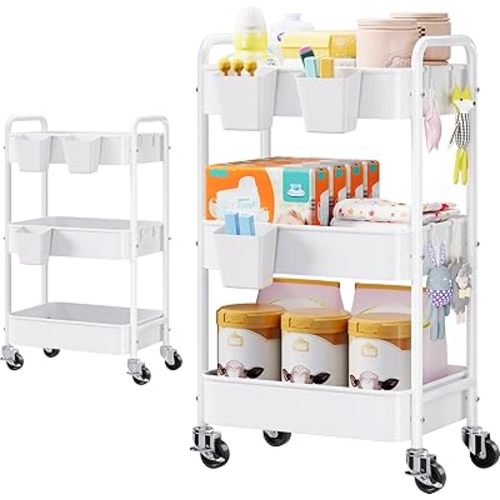 Baby Diaper Caddy Organizer and Storage, 3 Tier Rolling Cart with Wheels for Newborn Nursery Essentials, Baby Organizers for Changing Table, Crib, Bedroom, Movable Bedside Organization, White