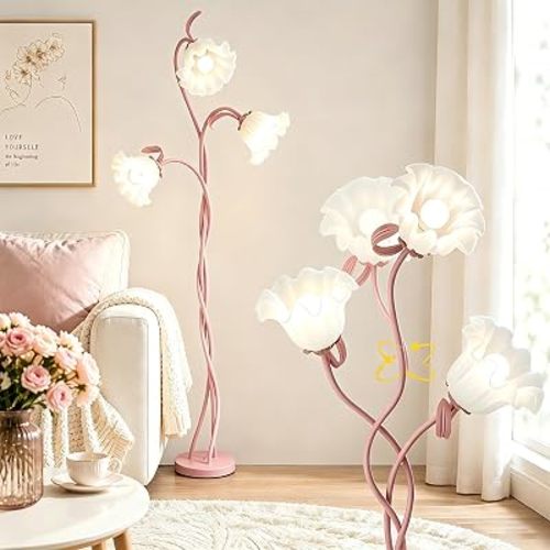 Flower Floor Lamp for Living Room, Tall Standing Reading Lamp with Flexible Neck Shaft for Bedroom Decor, Modern Corner Floor Lamps with 3-Color Temperatures LED Bulb (Pink)