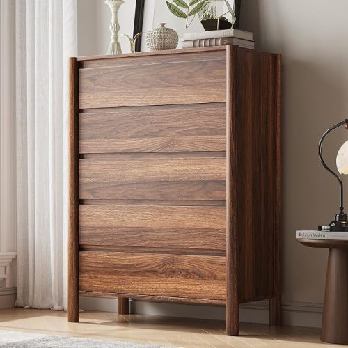 CHUWELL 45" Tall Walnut 5 Drawer Dresser for Bedroom with Solid Wood Legs | Mid Century Modern Chest of Drawers with Hidden Handles , Large Wood Storage Dresser for Bedroom