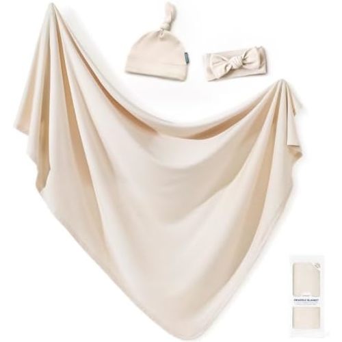 GRSSDER Newborn Swaddle Blanket, Ultra Soft Jersey Receiving Blanket with Matching Headband and Beanie Set 33×44", Stretchy Baby Neutral Swaddle Wrap for Girls and Boys