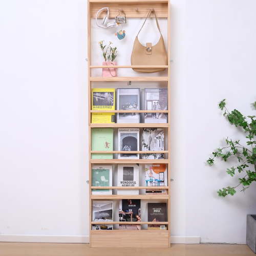 Wooden 5 Tiers Kids Bookshelf Wall Mount Shelf with Hooks Organizer for Toys and Books Nature