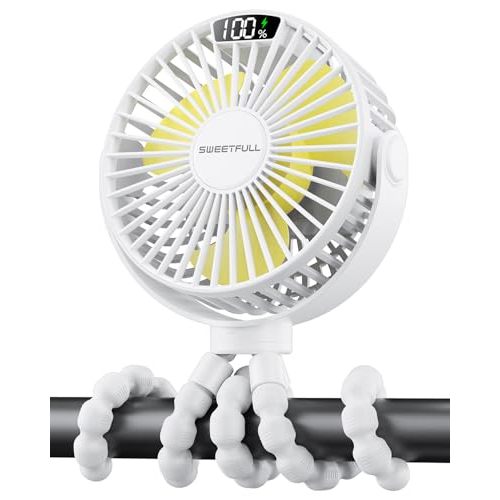 SWEETFULL Portable Stroller Fan with LED Display, 4 Speed Rechargeable Mini Clip On Fan, 360° Rotate Flexible Tripod Better Cooling Small Baby Fan for Car Seat Crib Travel Bike Treadmill (White)