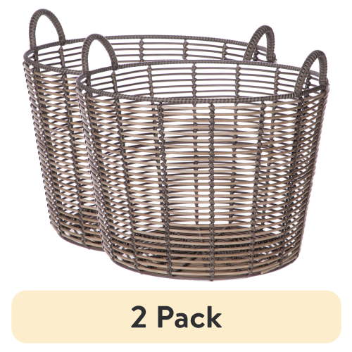 (2 pack) Better Homes & Gardens Extra Large Round Poly Rattan Decorative Storage Basket with Handles, 18.7 in x 16 in