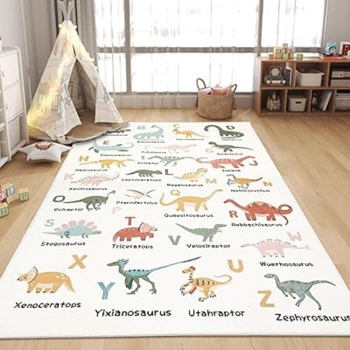 Abeigoi Dinosaur Area Rug - 4x6Ft Large, Soft, Washable, Non-Slip, ABC Animal Alphabet Playroom Carpet Mat for Kids, Bedroom, Nursery, Educational Decor