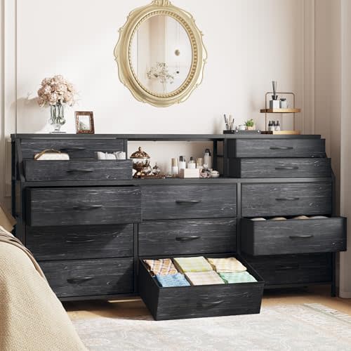Romorgniz 55" W Black Dresser for Bedroom with Deep Fabric Drawers, Long Chests of Drawers with 2 Open Wooden Shelves, Large Vanity Dressers for Entryway, Dorm, Sturdy Metal Frame, Wood Top