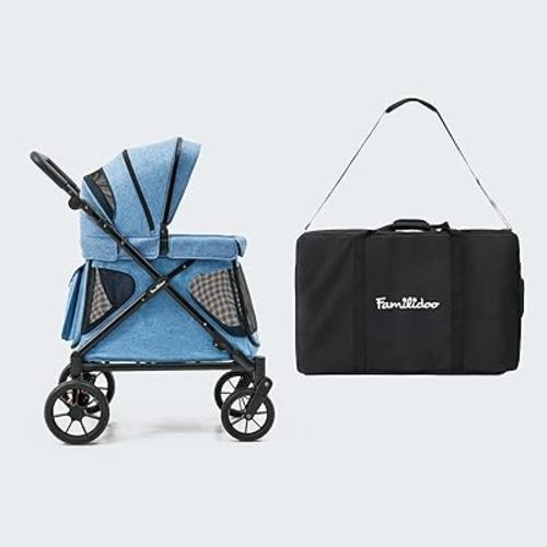 Familidoo Q1 2.0 Multi-Use Kids Wagon Stroller – Foldable, Lightweight & All-Terrain for Kids & Pets – Magnetic Safety Harness, Rain Cover and Travel Bag – Up to 132 lbs (Denim Blue)