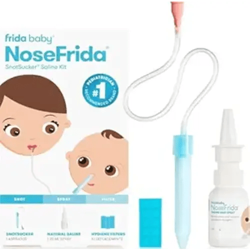 Frida Baby Saline Kit, Cold & Flu 12 pc Set Includes NoseFrida Nasal Aspirator for Baby, Nose Sucker, Saline Nasal Spray with 10 Extra Hygiene Filters, Nasal Spray Decongestant, 0.68 fl oz