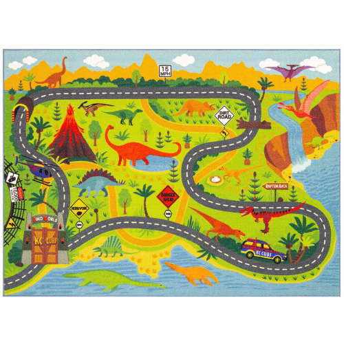KC Cubs: Educational Rug: Dinosaur World Safari Road Map - 3x5' Playmat - Interactive Play, Activity Area Carpet, Bedroom-Classroom, Baby-Toddler-Kids