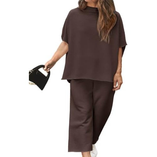 Women's Plus Size 2 Piece Outfits 3/4 Batwing Sleeve Capelet Crew Neck Pullover Top Wide Leg Pants Lounge Set