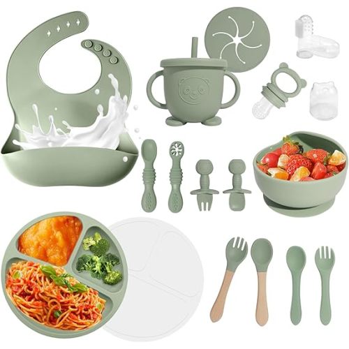 Baby Led Weaning Supplies, 17 Piece BPA-Free Silicone Feeding Set, Eating Essentials Baby Utensils with Suction Plate and Bowl, Pocket Bib, Sippy Cup with Lid, for 6+ Months, Green
