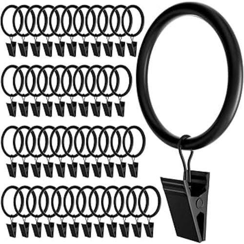 44 Pack Black Curtain Rings with Clips, Curtain Hooks for Hanging, Heavy Duty Drapery Rings, Polish Rustproof Curtain Clips Hangers for Drapes, 2" Interior Diameter, Fits up to 1.88" Rods