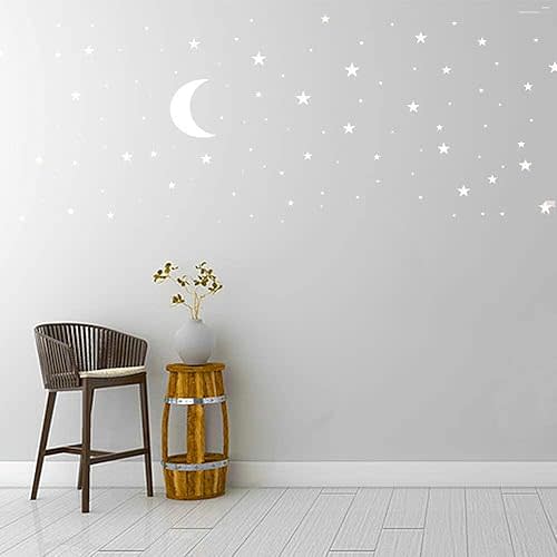 Moon and Stars Wall Decal Vinyl Sticker, Removable Children Kids Art DIY Sticker Mural for Boy Girls Baby Room Decoration Good Night Nursery Wall Decor Home House Bedroom Design (White)