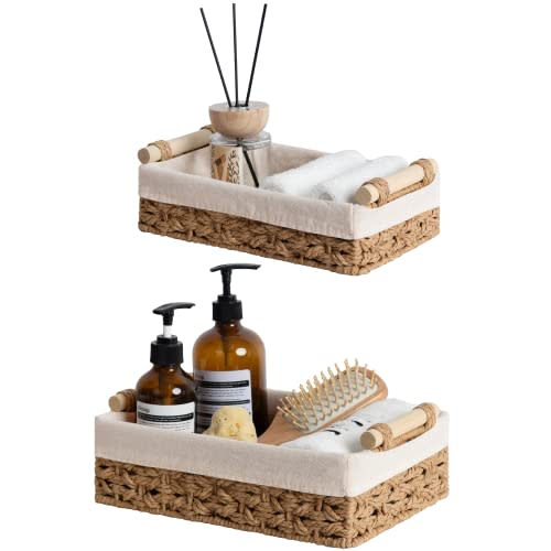 StorageWorks Bathroom Baskets for Organizing, Small Wicker Basket for Bathroom Organizer, Round Paper Rope Storage Basket for Bathroom Countertop, Set of 2