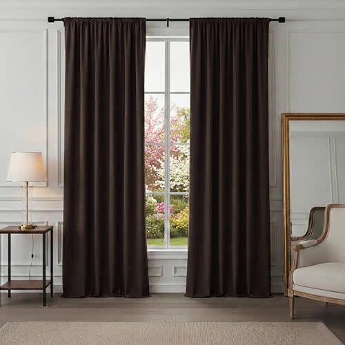 PONY DANCE Blackout Curtains for Bedroom 90 inches Long 2 Panels Set, Thermal Insulated Rod Pocket Black Out Window Drapes, Noise Reducing Window Treatment for Living Room(W52 x L90 inch, Brown)
