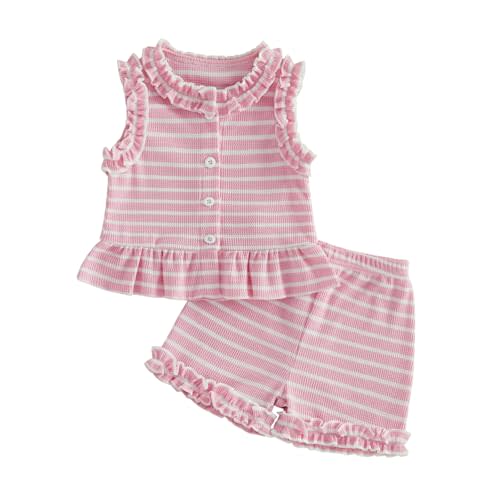 WZTYYDS Toddler Baby Girl Summer Outfit Tank Tops Ruffle Shorts Set | Waffle Knit, Striped, Sleeveless Button Down Shirt, Sweet 2 Pieces Clothes, 6M, 12M, 18M, 24M, 2T, 3T, 4T, Little Kids, Soft