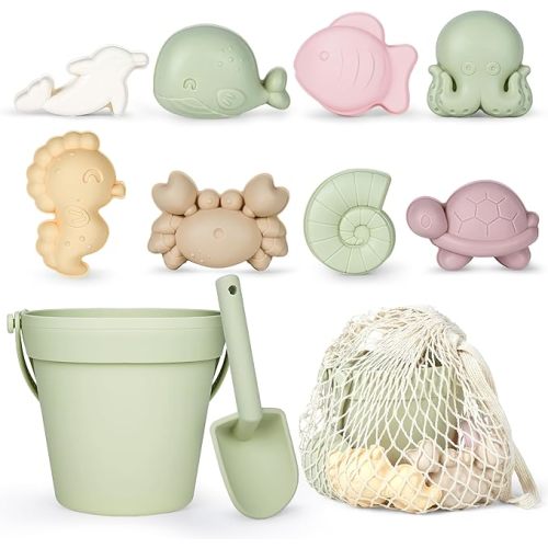 11Pcs Silicone Beach Toys,Modern Baby Beach Toys,Travel Friendly Beach Set,Silicone Bucket, Shovel, 8 Sand Molds, Beach Bag, Sand Toys for Toddlers, Kids (Green)