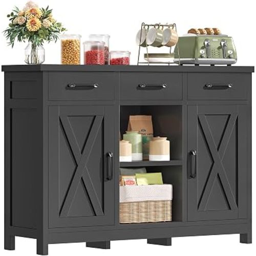 Coffee Bar Cabinet with 3 Drawers, Farmhouse Buffet Cabinet
