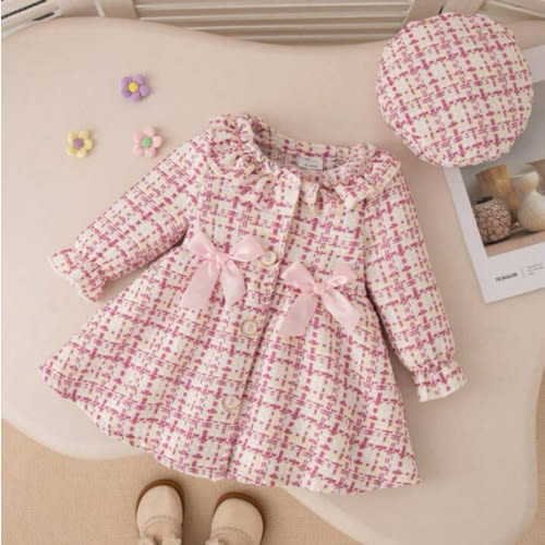 Fall/Winter Baby Girl Cute Pink Plaid Lace Collar & Bowknot Dress With Beret Cap Outfit