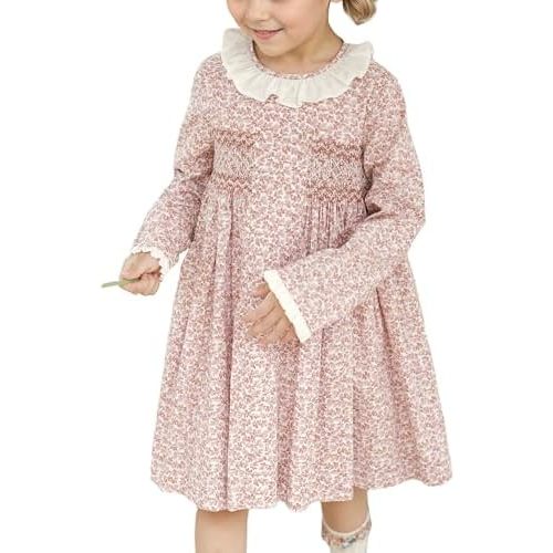 Twoflower Kids Baby Girls Casual Floral Print Dress | Toddler Smocking Long Sleeve Dresses with Ruffle Collar for Holiday