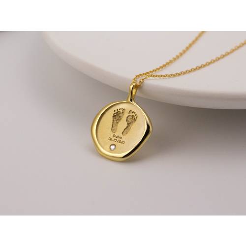 Actual Baby Footprint Necklace Stamp in Gold / Silver / Rose Gold, Birthstone Locket Coin Handprint Kids Name Engraved Birthday Day Necklace