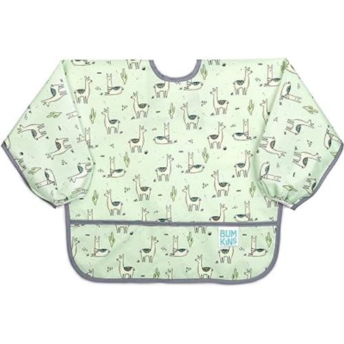 Bumkins Sleeved Bib for Girl or Boy, Baby and Toddler for 6-24 Mos, Essential Must Have for Eating, Feeding, Baby Led Weaning Supplies, Long Sleeve Mess Saving Food Catcher, Soft Fabric, Llama Green