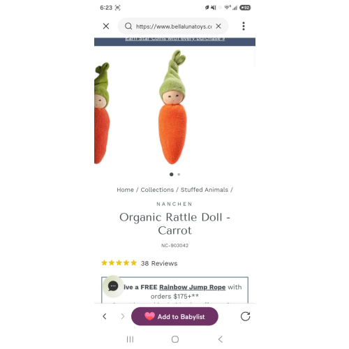 Organic Rattle Doll - Carrot