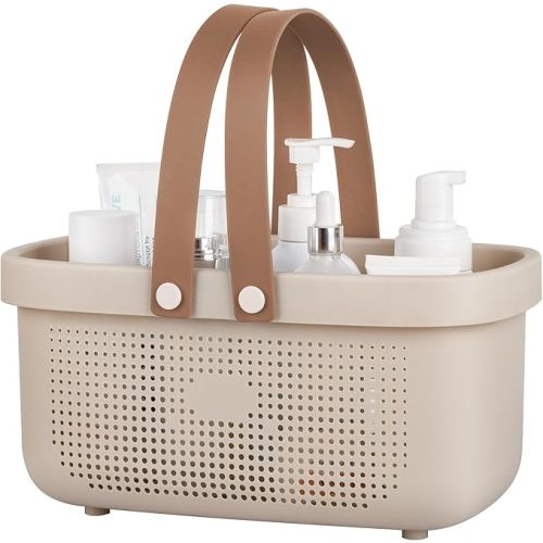 JiatuA Plastic Storage Basket with Handle Portable Shower Caddy Tote Organizer Basket Bin for Bathroom Kitchen Dorm Room Bedroom, Beige