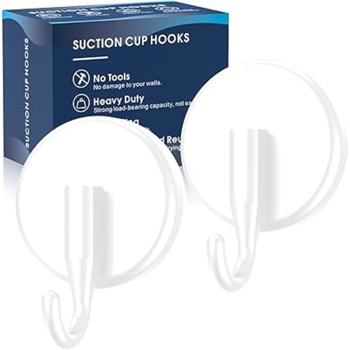 Suction Cup Hooks for Shower, Shower Hooks Mounting on Glass Doors, Tile, Mirrors, Metals,Hook for Hanging Towels, Robe, Loofah, Jackets-White(2 Pack)