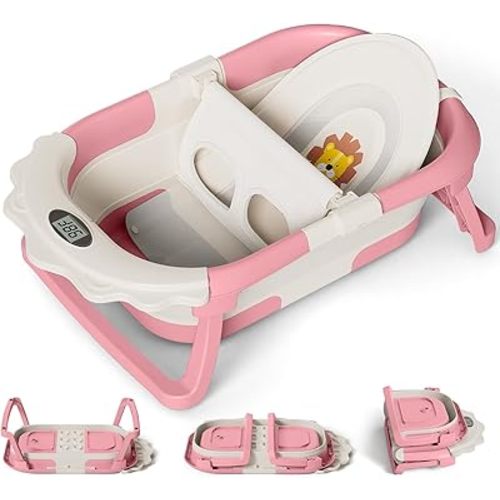 MoreFeel Foldable Baby Bathtub with Thermometer - 4-in-1 Grow-with-Me Collapsible Infant Tub (Newborn to Toddler) with Adjustable Mesh Sling - Space Saving Design