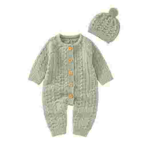 Kureaily Boy Girl Solid Knitted Sweater Baby Jumpsuit Romper Cotton Caps Outfits Sets Clothes 3-6 Months