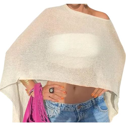 Drop Shoulder Sheer Crochet Vacation Outfits Poncho Sweater Top Summer Beach Cover Up